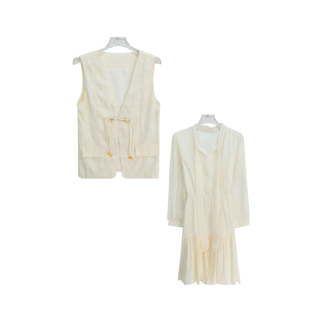 新中式盘扣印花马甲气质名媛风长袖裙套装S2148