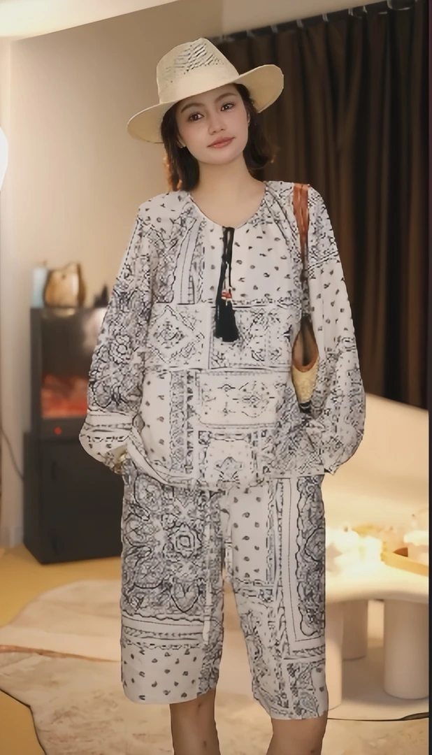 民族风长袖圆领宽独家时尚两件套 （裤长60，上衣62）6066