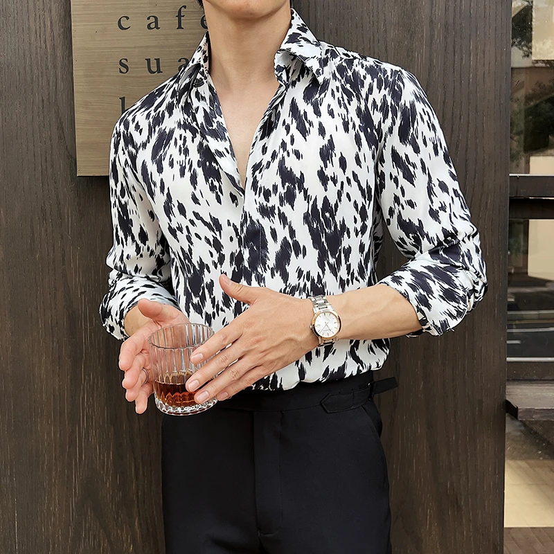 CATIA SELI高级感白色垂感长袖衬衫男士春秋季设计感水墨画花衬衣