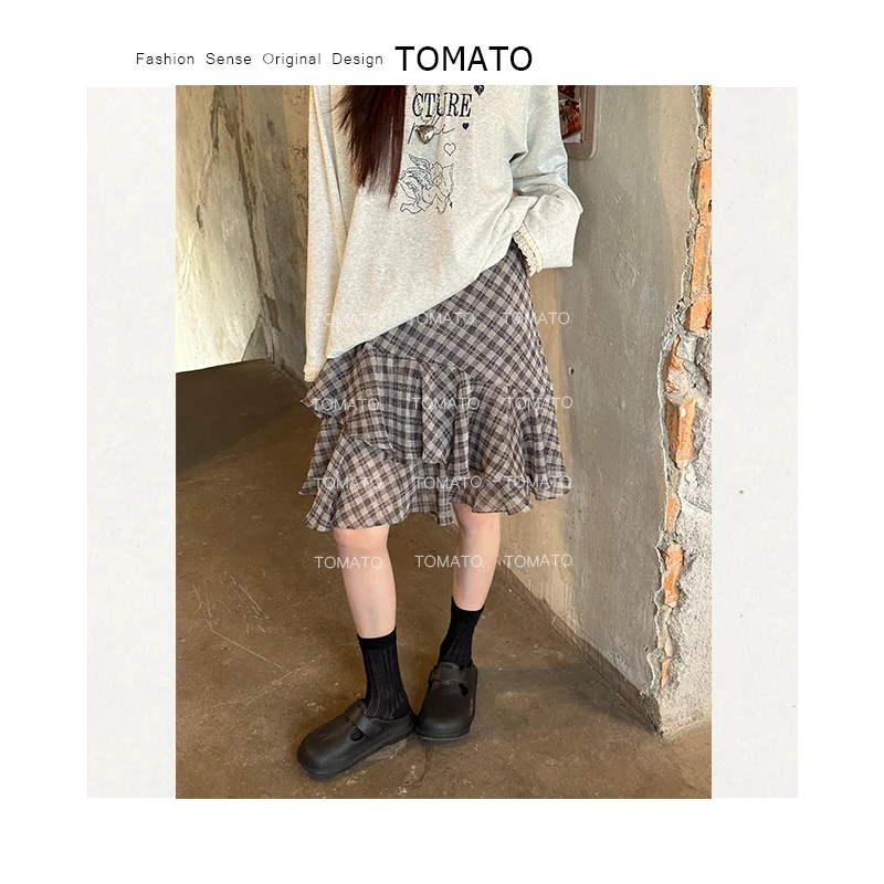 清仓款不退不换！设计感复古格纹气质不规则中长款鱼尾裙C25Q04103