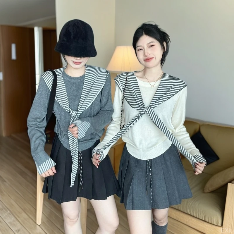 韩系学院风条纹披肩针织衫女2025秋冬季新款穿搭宽松时尚休闲上衣