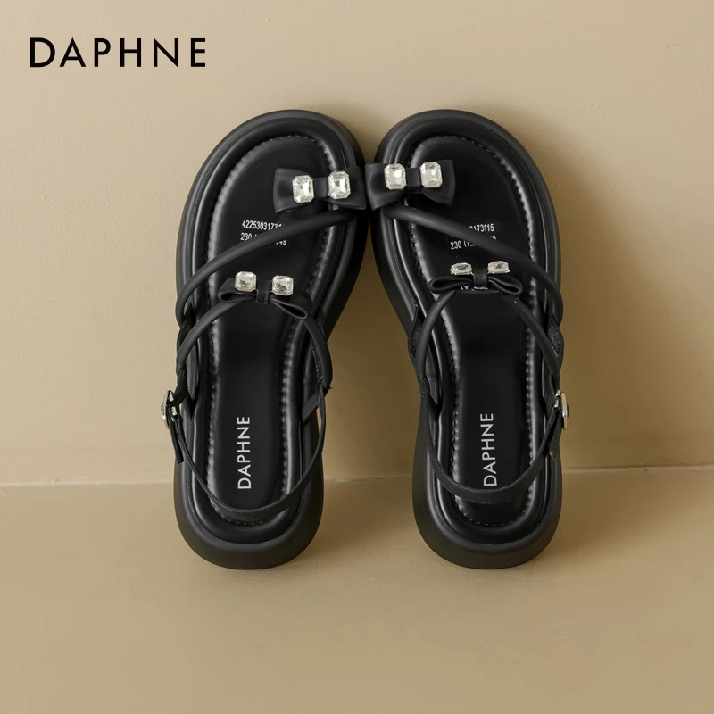 达芙妮厚底凉鞋女夏季新款增高小个子绝美蝴蝶结罗马鞋夹趾沙滩鞋