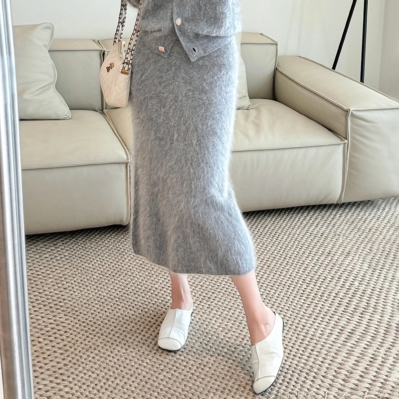 100%纯山羊绒拉绒半身裙裙子时尚半裙包臀裙过膝慵懒风秋冬外穿女