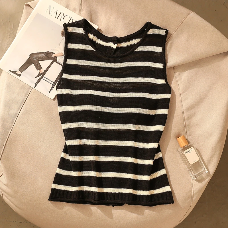 休闲黑条纹针织圆领背心女夏季新款百搭透气修身显瘦内搭无袖上衣