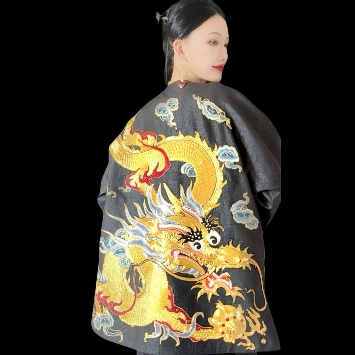 【定制专拍7】重工手工刺绣时尚女士圆领盘金大龙风衣外套