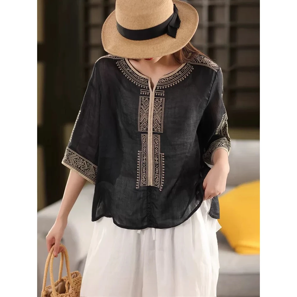 官图复古民族风刺绣苎麻衬衫女夏季薄款上衣显瘦五分袖棉麻t恤，宽
