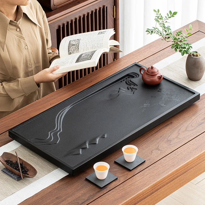 喜上眉梢合成乌金石茶盘创意长方形家用简约干泡台茶盘排水式