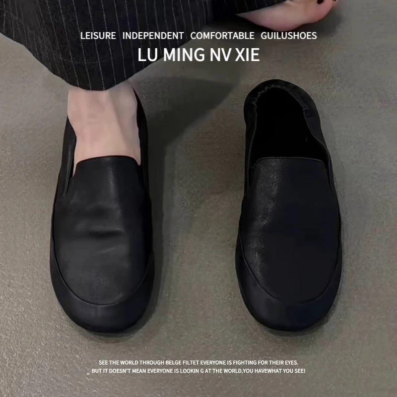 羊皮版~复古风黑色真皮圆头懒人鞋超软百搭一脚蹬平平底软底乐福