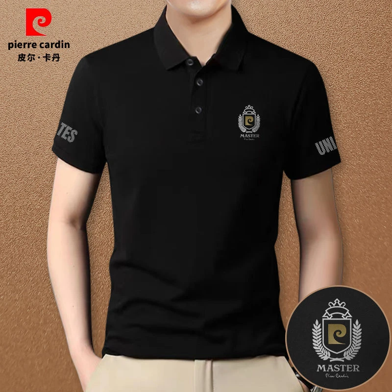 皮尔卡丹正品夏季商务翻领短袖男装印花显瘦高档黑色半袖针织体恤