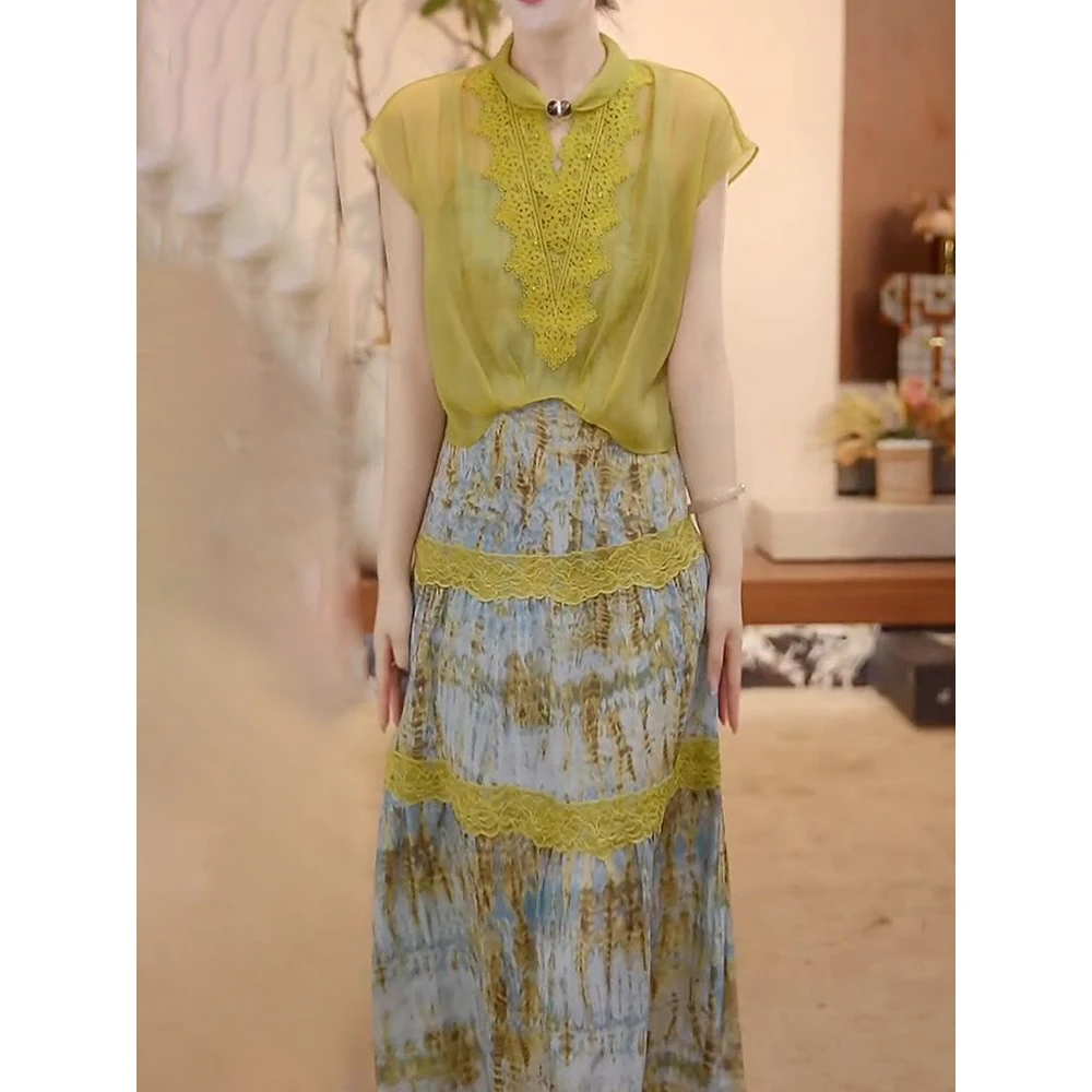 法式高级风优雅气质端庄套装2025夏季新款短袖罩衫+印花吊带裙