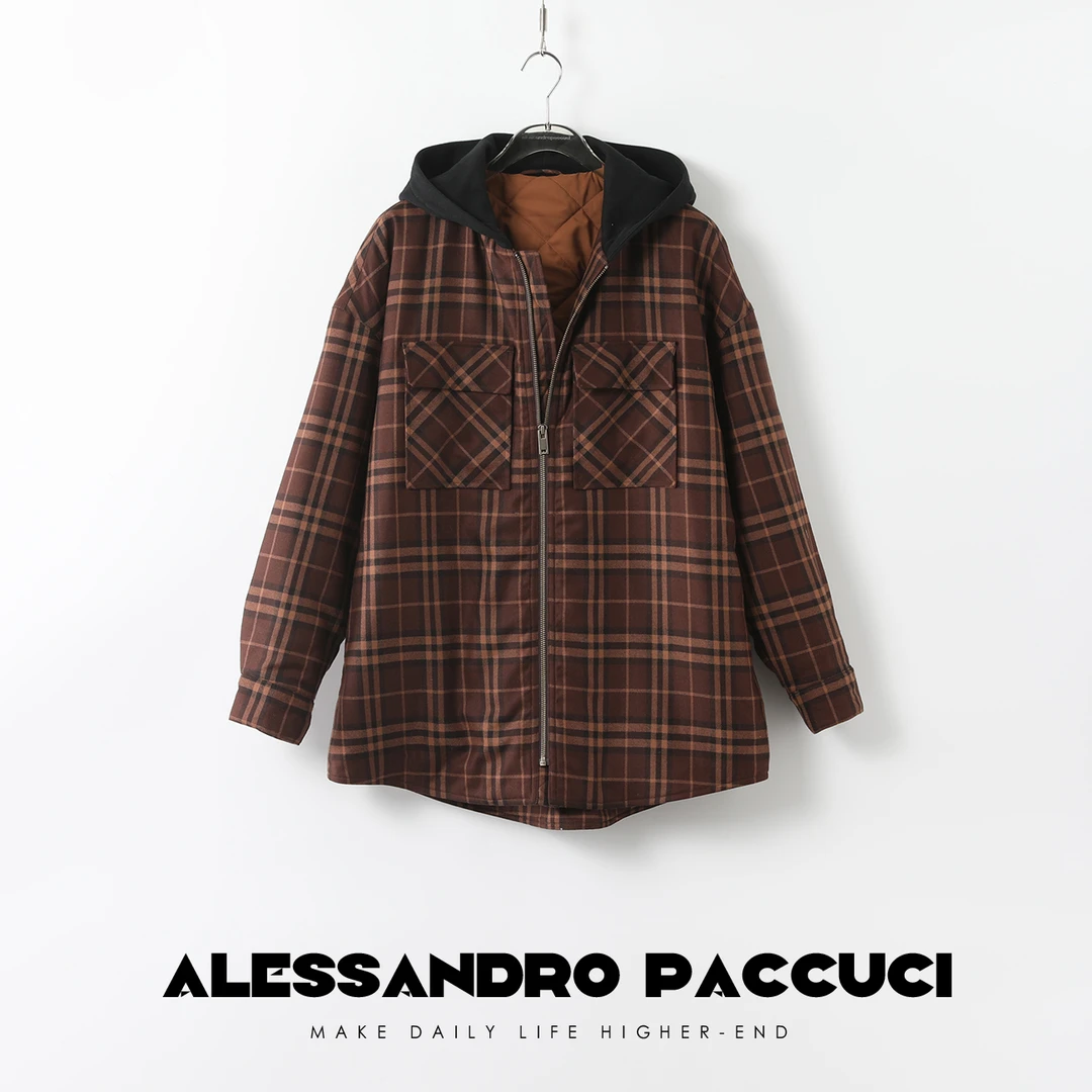 AP洛哥25898 X黑标/美利奴羊毛+驼绒连帽对格英伦格纹时尚外套