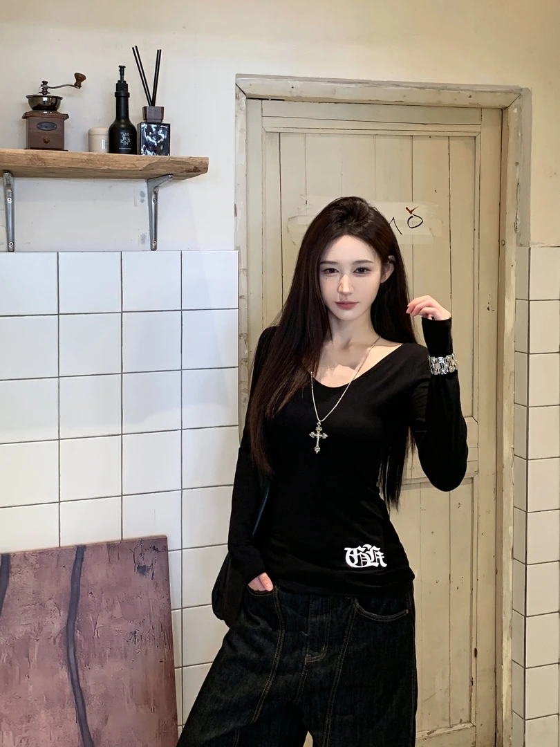 美式甜酷风印花修身长袖女秋冬新款收腰打底衫内搭辣妹上衣女潮