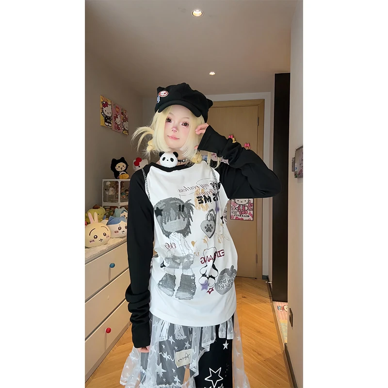 凛可爱 早春卡通动漫撞色印花长袖y2k修身插肩袖显瘦打底上衣女