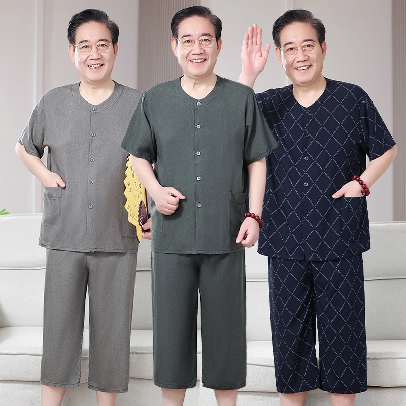 男式棉绸睡衣薄中老年人造棉爸爸开衫居家套装爷爷夏季家居服男士