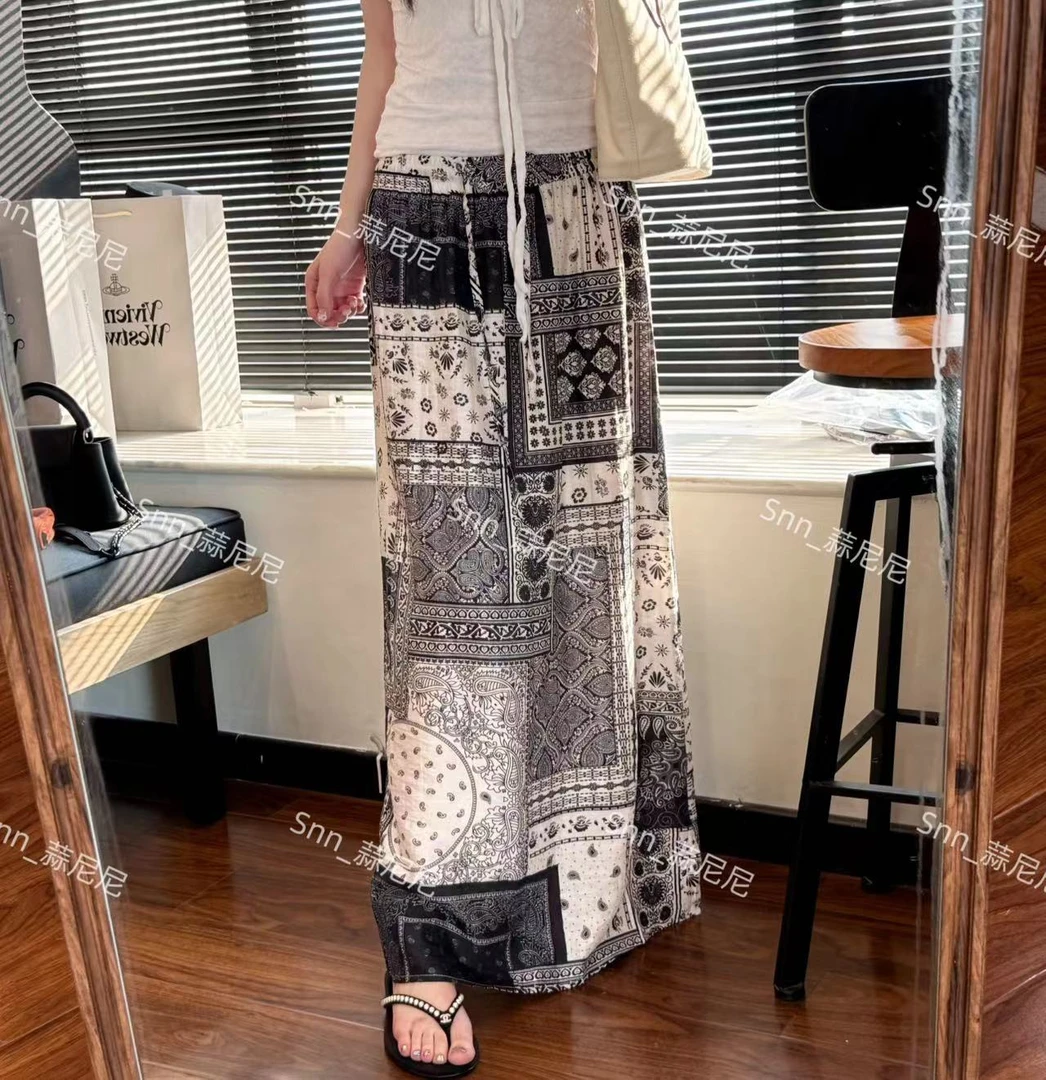 夏日双层民族风海岛度假裙撞色印花气质显瘦百搭松紧腰半身裙660