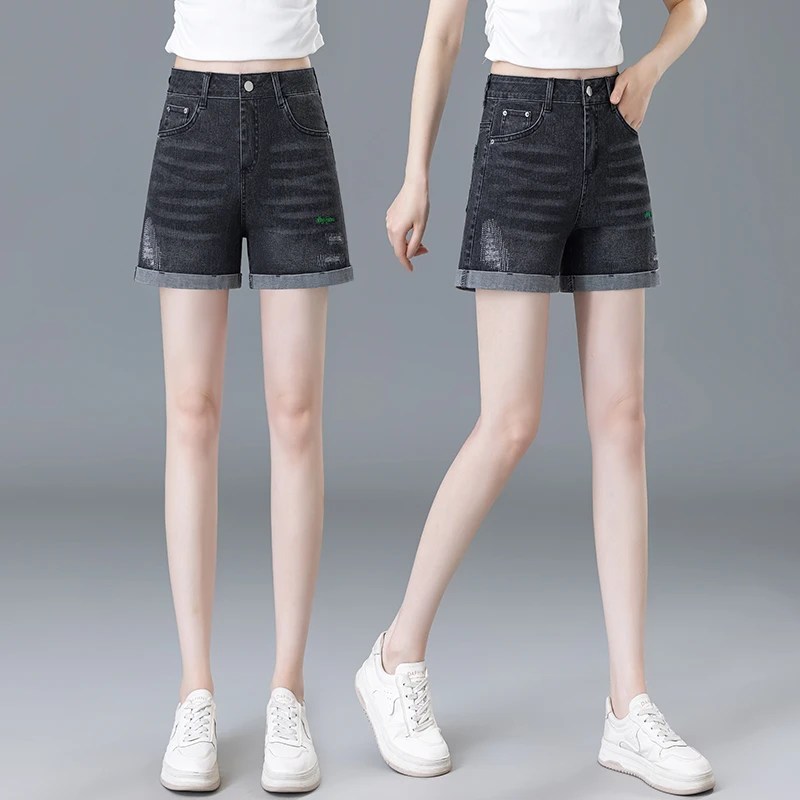 翻边破洞高腰牛仔短裤女2025新款夏季薄款a字阔腿百搭四分热裤子