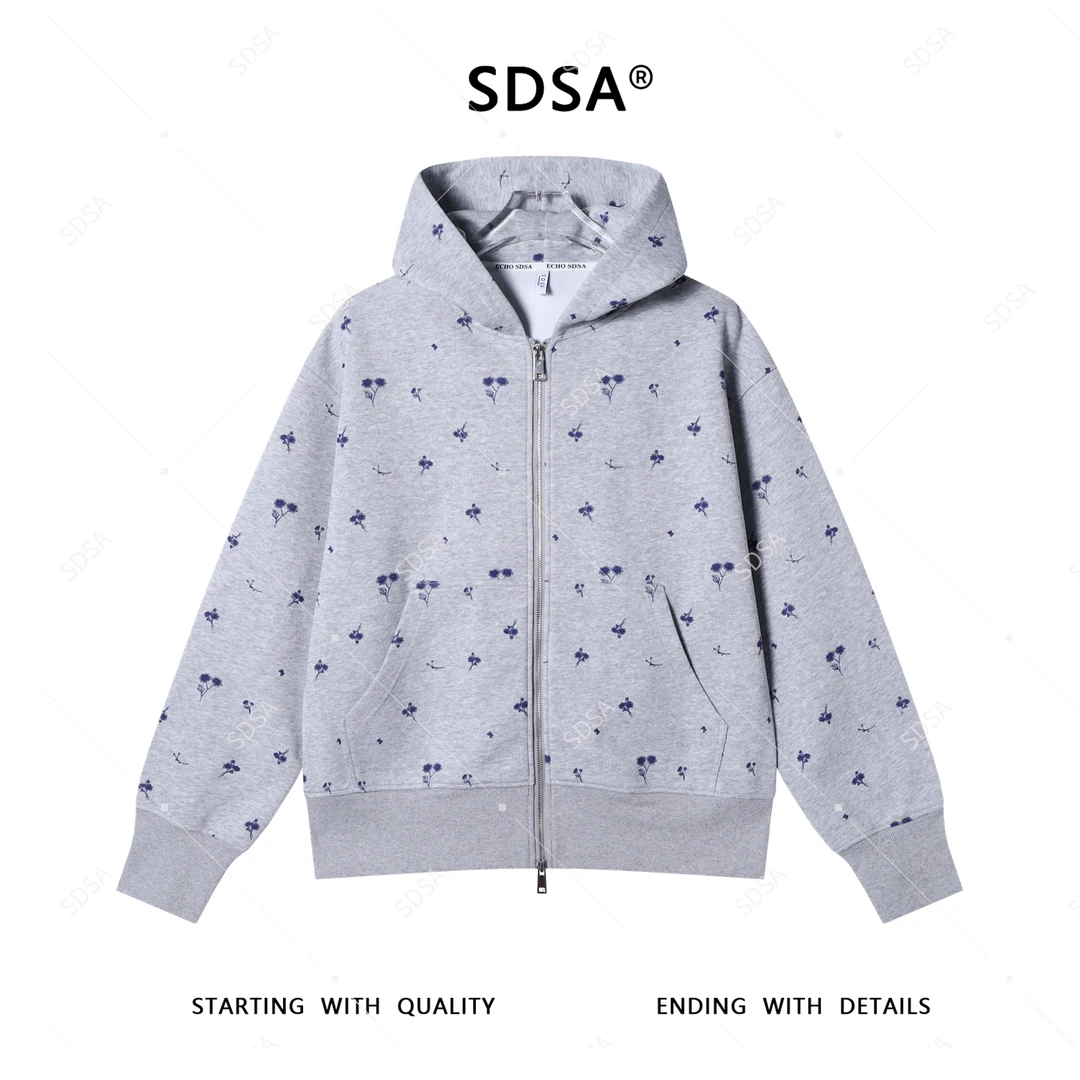 SDSA男士2025新款轻奢痞帅男装撞色花卉印花拉链连帽卫衣外套百搭