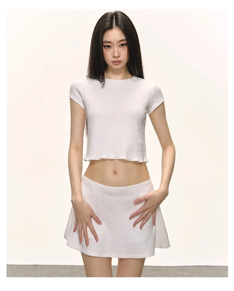 anna aneae套装女夏季辣妹白色木耳边短款修身显瘦短袖短裤两件套