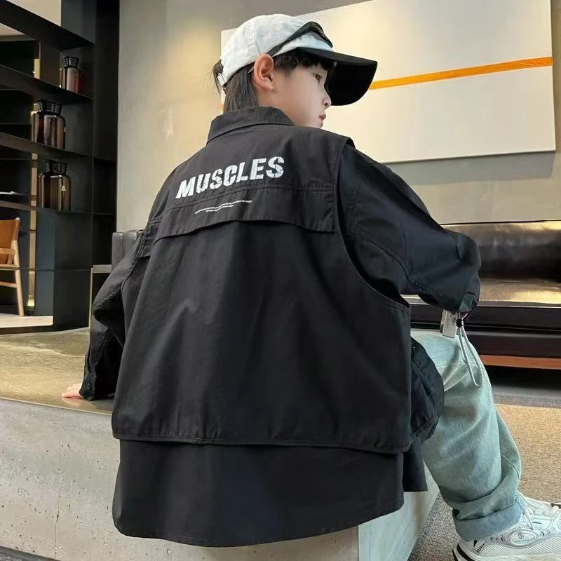 男童外套假两件春秋款2025上衣儿童秋装上衣中大童秋季衬衫韩版潮