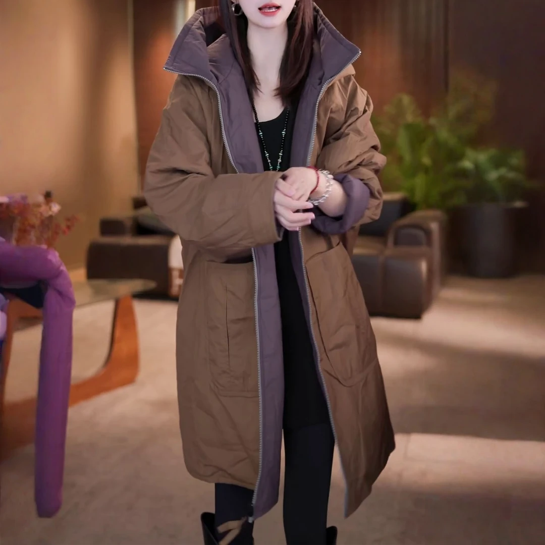 秋冬双面穿时尚拼接休闲保暖棉服2025百搭连帽加棉撞色棉衣外套