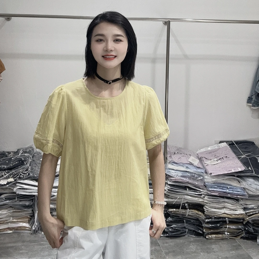 LMM 82585 2025夏装新款韩时尚百搭圆领蕾丝拼接短袖衬衫女宽松