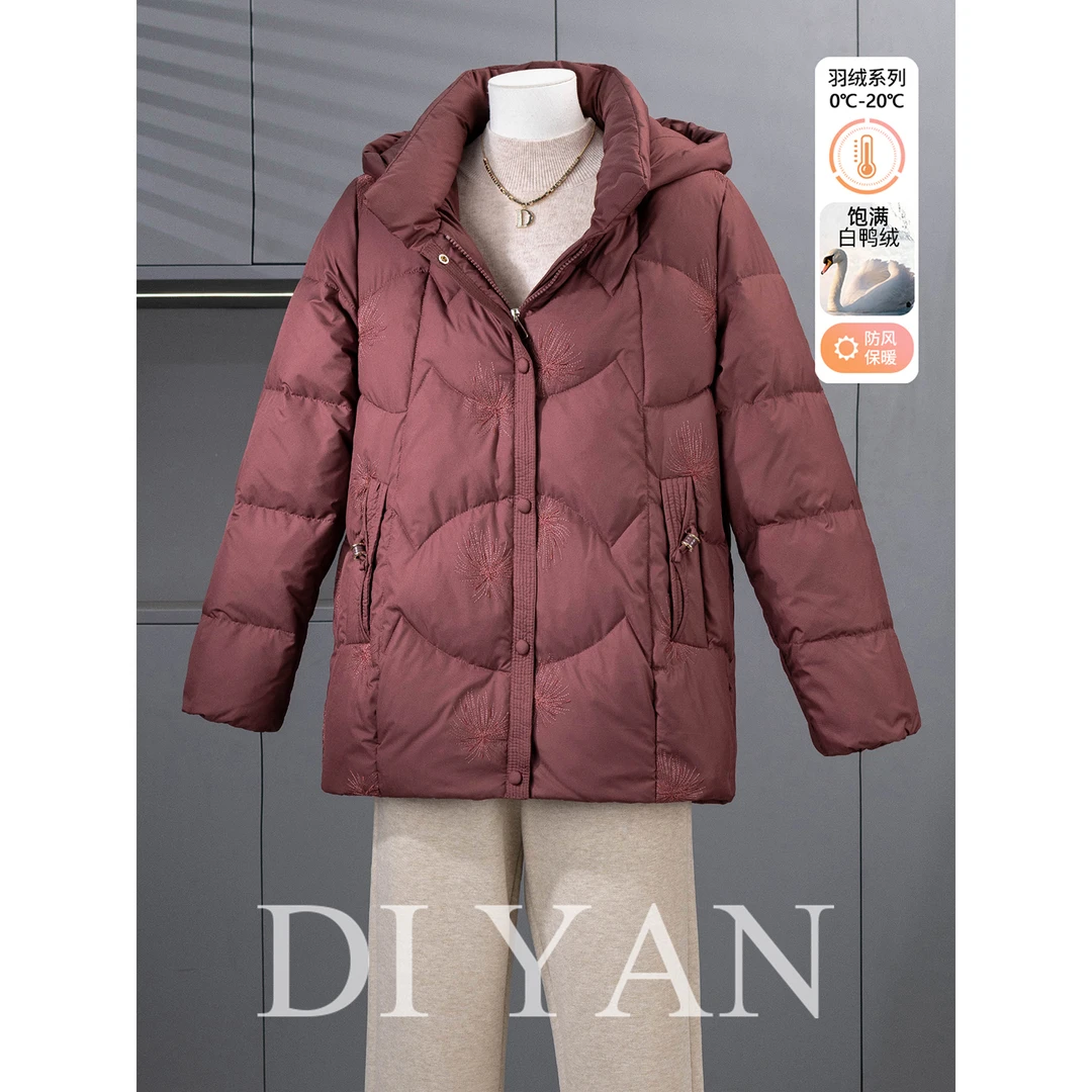 中年妈妈冬装羽绒服2025新款中老年女装纯色短款连帽宽松加厚外套