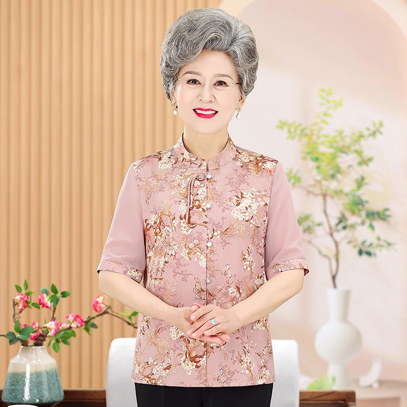 老年人女装夏装妈妈装衬衣夏季中老年立领长袖外套中老年女装