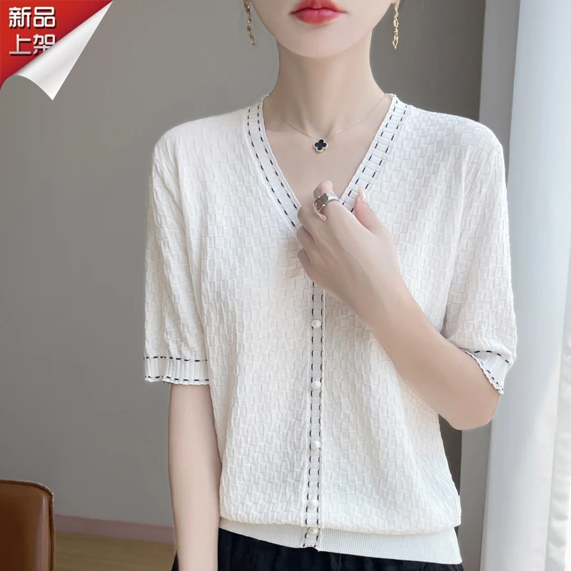 品牌设计师款夏季短袖毛针织衫女士2025新款褶皱感小香风T恤薄款