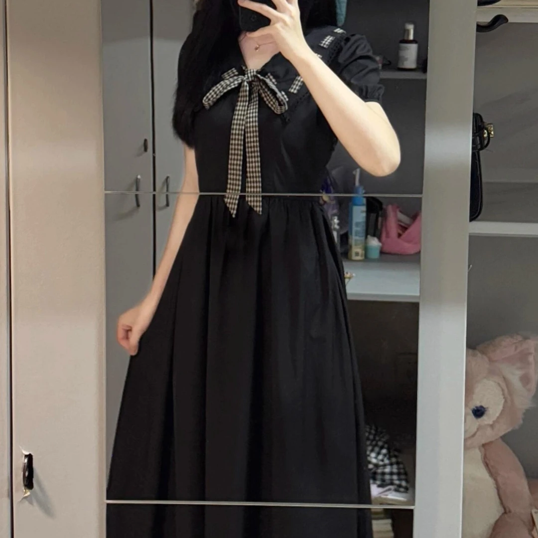 黑色学院风洋装女夏修身收腰显瘦法式气质长裙覆古赫本风小黑裙