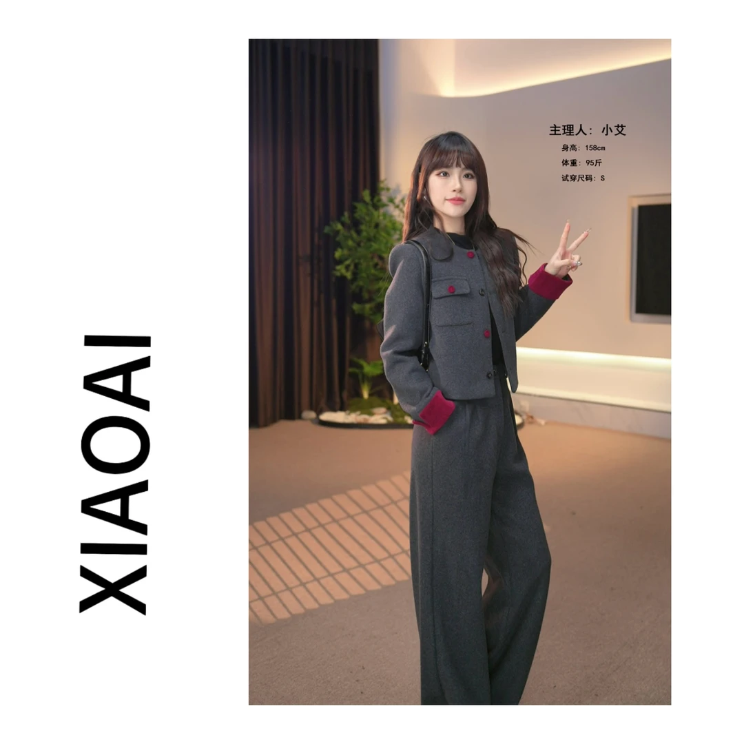 A 0374 设计感棉外套女2024秋冬新款穿搭轻奢高级感阔腿裤两件套