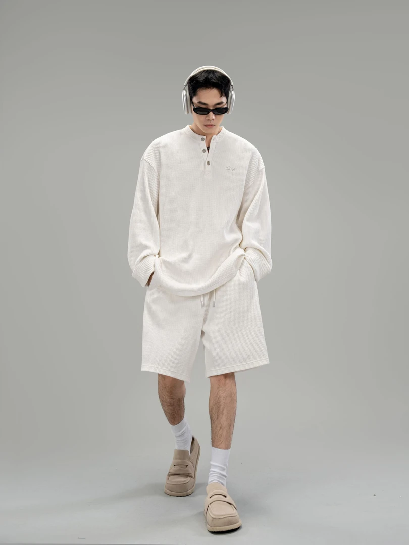 DBW Doublewin舒适感透气华夫格纯色长袖T恤男高品质宽松上衣1190