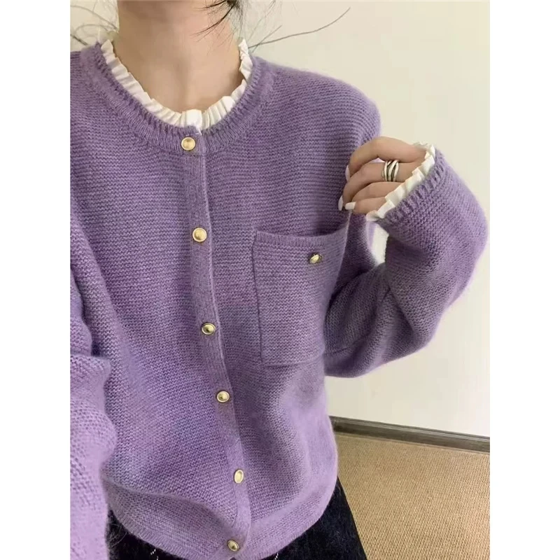 开衫毛针织衫上衣设计感女秋季圆领温柔木耳领网红长袖秋冬