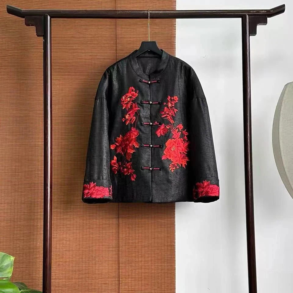 【318】红花~皲裂纹新款气质百搭新中式时尚刺绣夹棉上衣