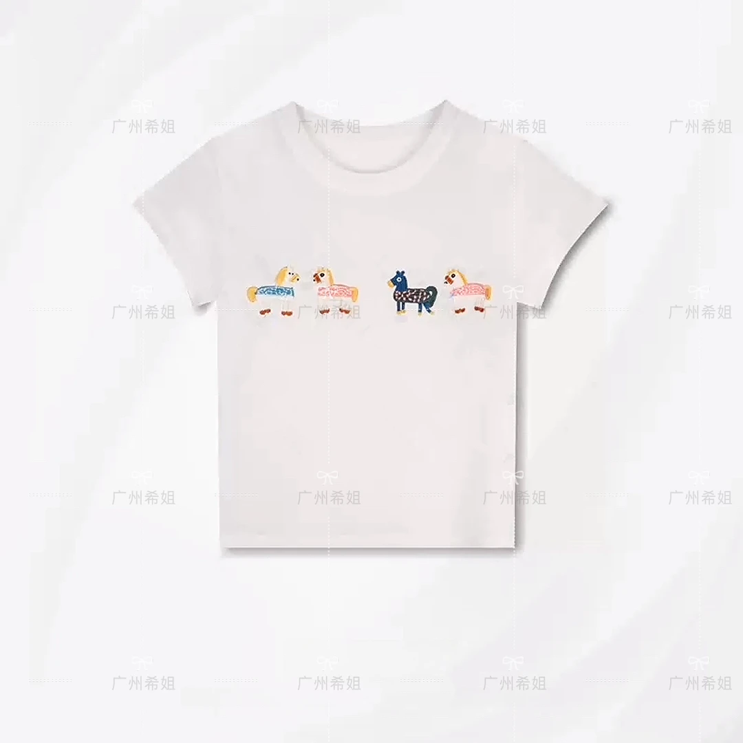 【趣味马】莱赛尔天丝正肩圆领刺绣短袖T恤休闲上衣