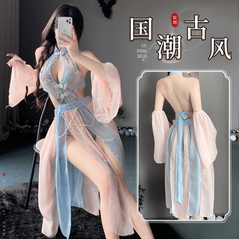 【奢睡款】高端性感薄款睡衣夏季火辣诱惑纯欲古装复古汉服长款套装