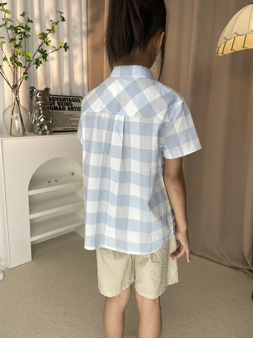 女男衬衫百搭短袖洛丽塔夏季上衣休闲风蓝色格子休闲