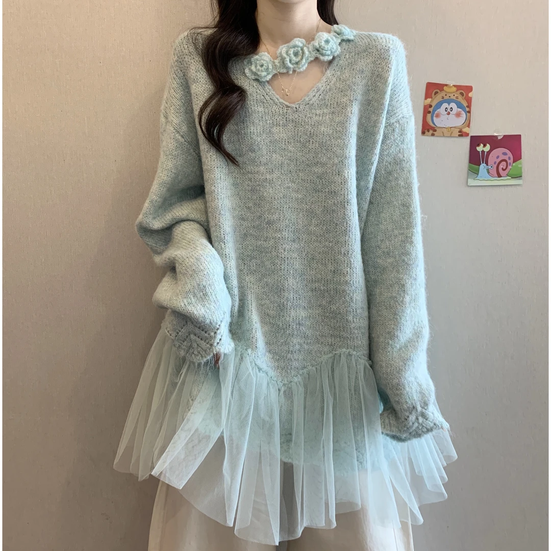 微胖巨好看蕾丝拼接花朵紫色毛衣秋季新款大微胖大码针织套头毛衣