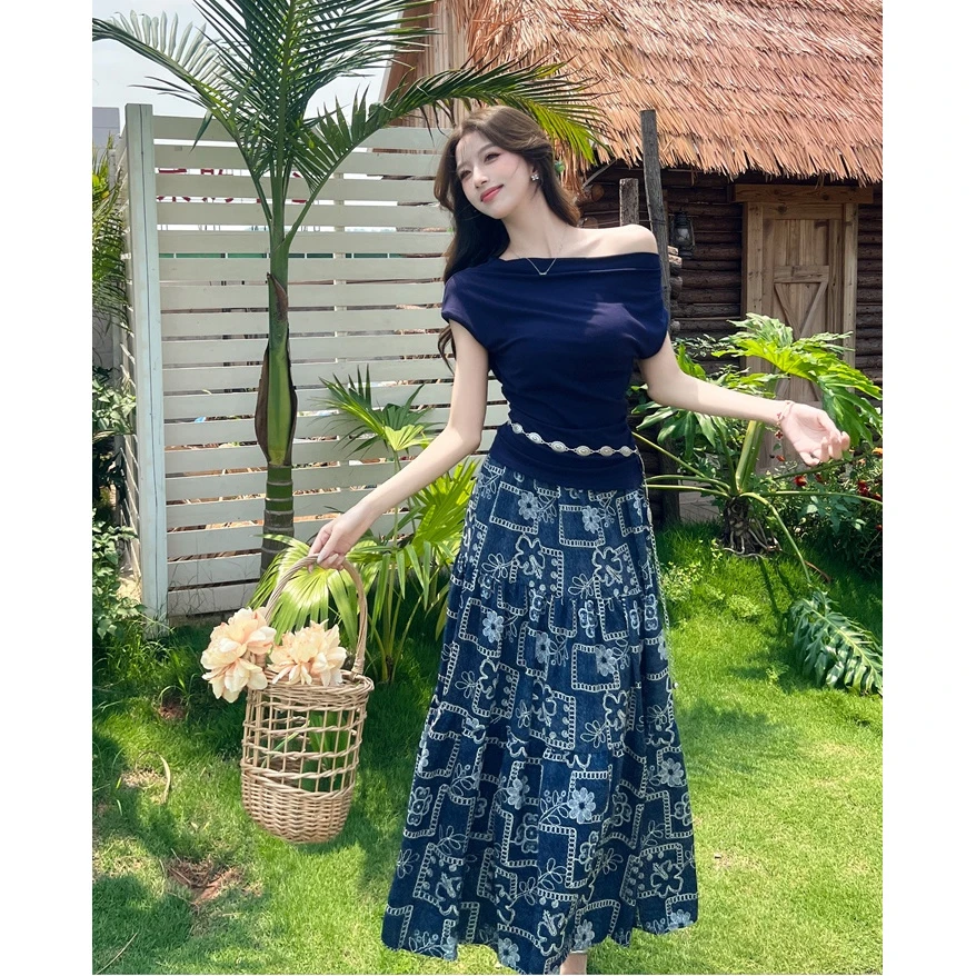 夏日浪漫南法度假风套装斜肩一字领短袖女上衣印花半身裙子两件套