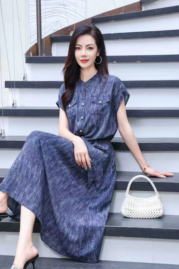 法式圆领大摆裙高腰套头连衣裙碎花旗袍清冷新中式