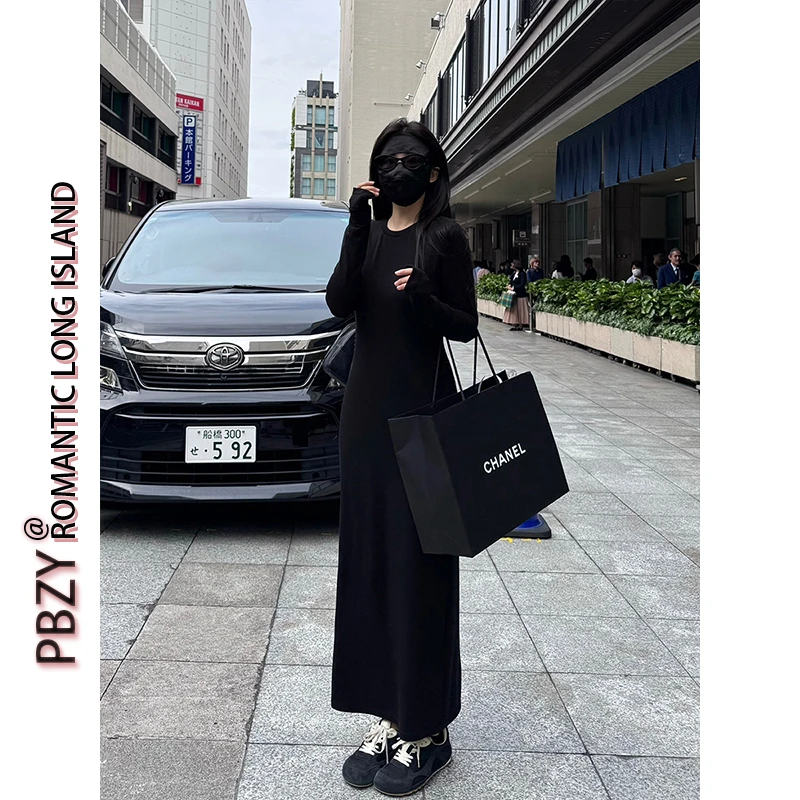 『PBZY CLUB』弹力修身显瘦气质高级感圆领长袖长款连衣裙女 9103#