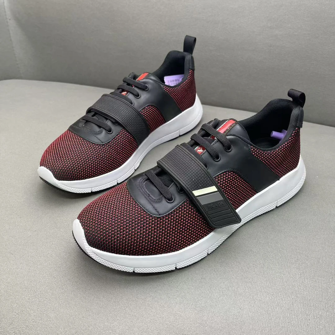 全新未使用 Prada/普拉达 红色编织网面魔术贴百搭运动鞋 40.5码
