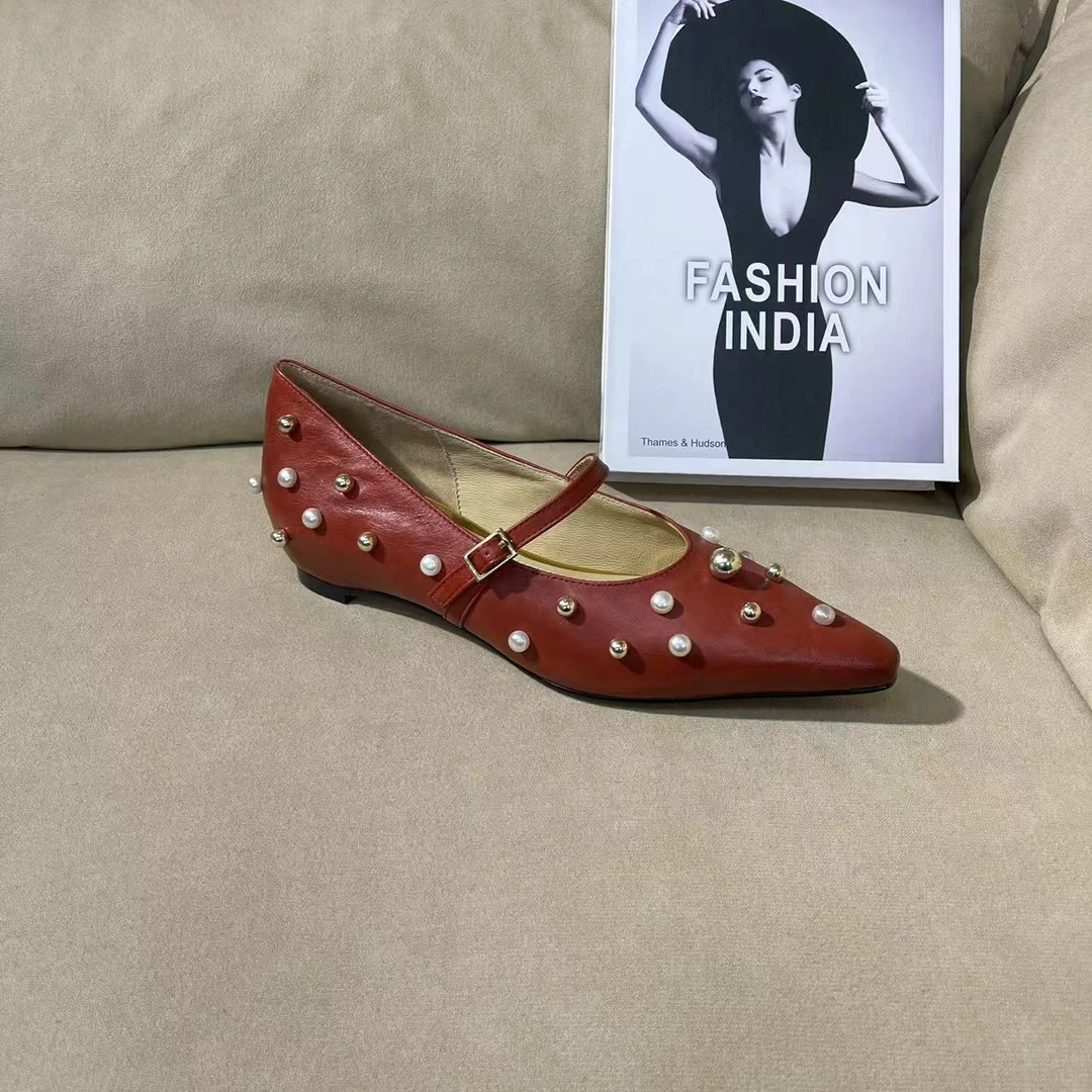 992【红色】春新款时尚气质尖头珍珠休闲一字带低跟单鞋C【2CM】