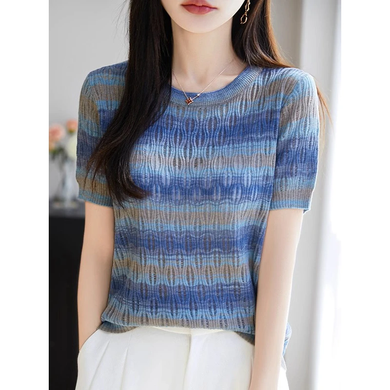 韩系夏季镂空针织打底衫彩虹短袖撞色条纹时尚薄款减龄女宽松百搭