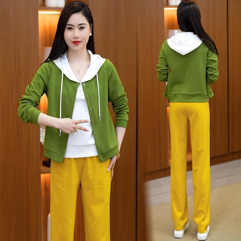 时尚运动套装女2025春季新款洋气显瘦假两件撞色连帽卫衣两件套潮