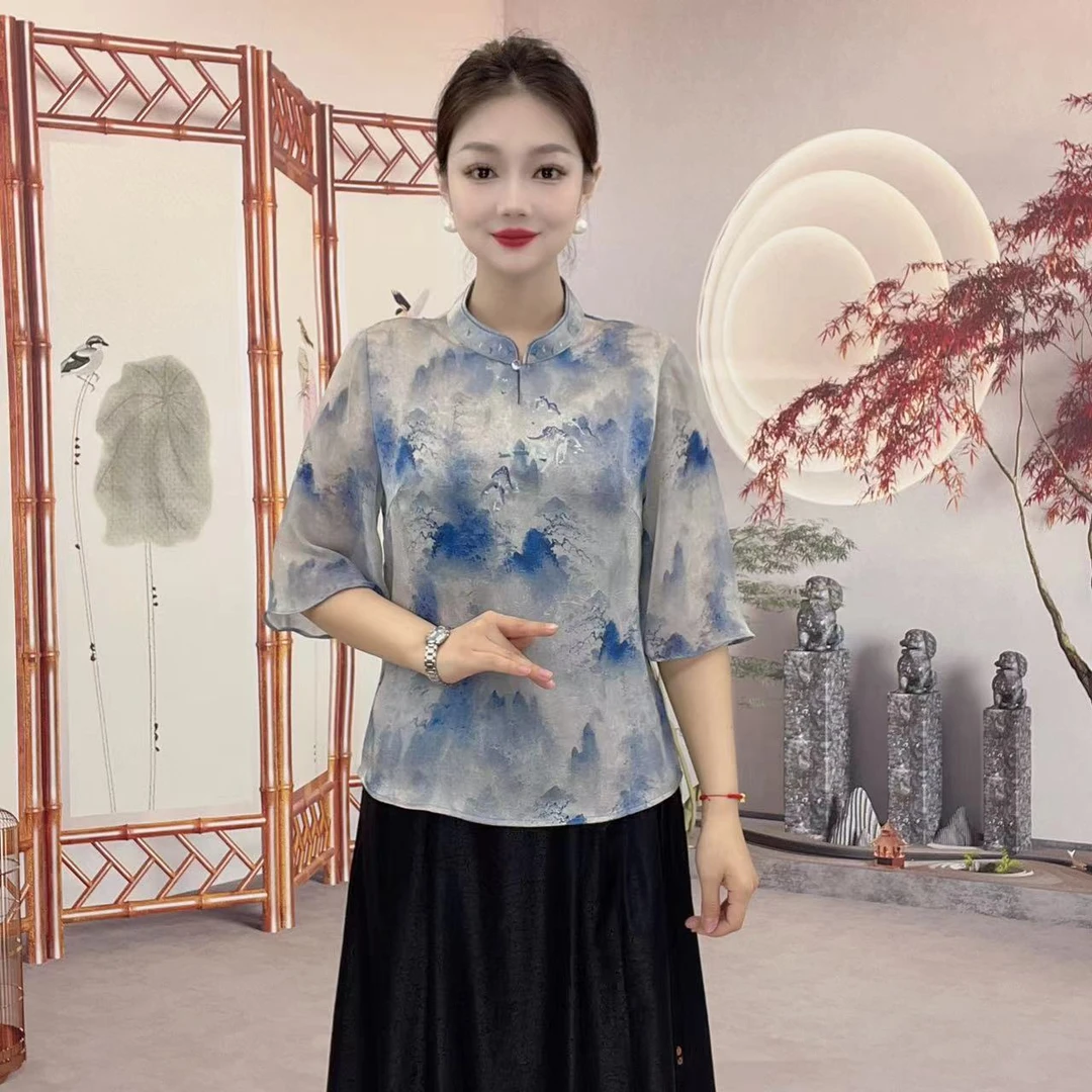 正版(墨韵流光)气质显瘦新中式薄款中袖遮肉宽松中国风单件上衣