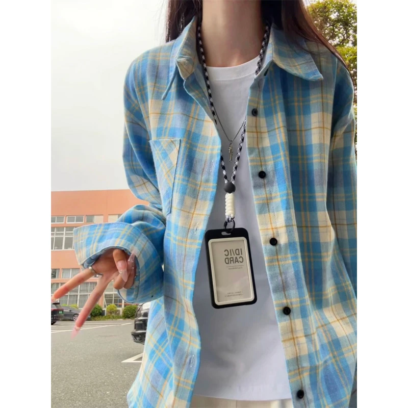 美式复古蓝色格子衬衫男款秋季设计感小众长袖衬衣高级感格纹外套