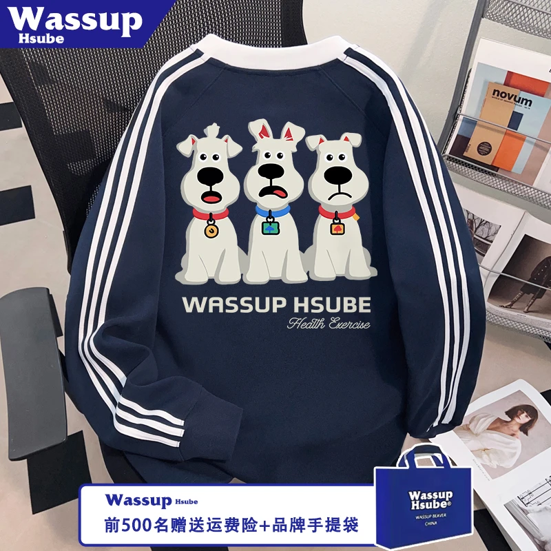 WASSUP HSUBE秋季男女上衣呆萌小狗印花T恤ins三条杠纯棉国潮长袖