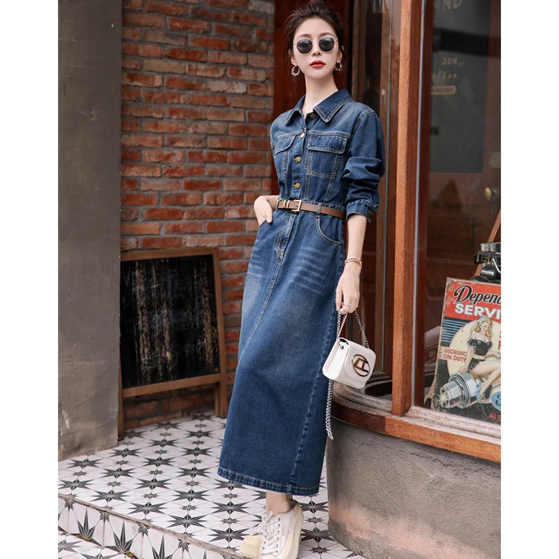 超好看翻领牛仔连衣裙女2025新款春秋长袖中长款气质收腰显瘦裙子