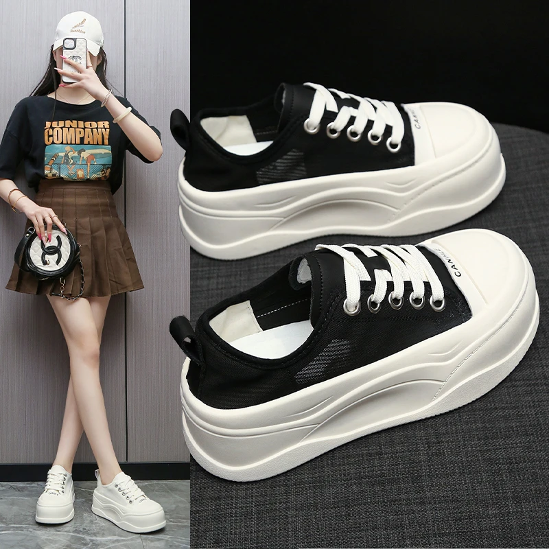 松糕网面透气小白鞋女2025年夏季厚底休闲板鞋增高阔腿裤百搭女鞋