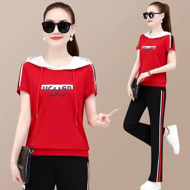 夏季时尚冰丝运动套装女2025新款洋气宽松短袖长裤8220/8099